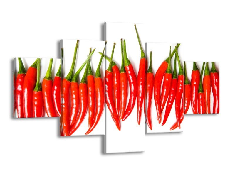 Canvas Schilderij Paprika, Keuken | Wit, Rood, Groen | 125x70cm 5Luik