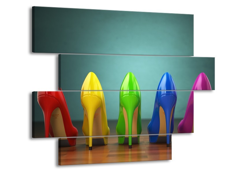Glasschilderij Schoenen, Vrouw | Groen, Blauw, Rood | 115x85cm 4Luik