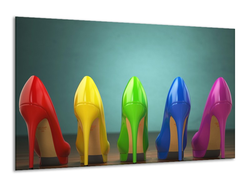 Glasschilderij Schoenen, Vrouw | Groen, Blauw, Rood | 120x70cm 1Luik