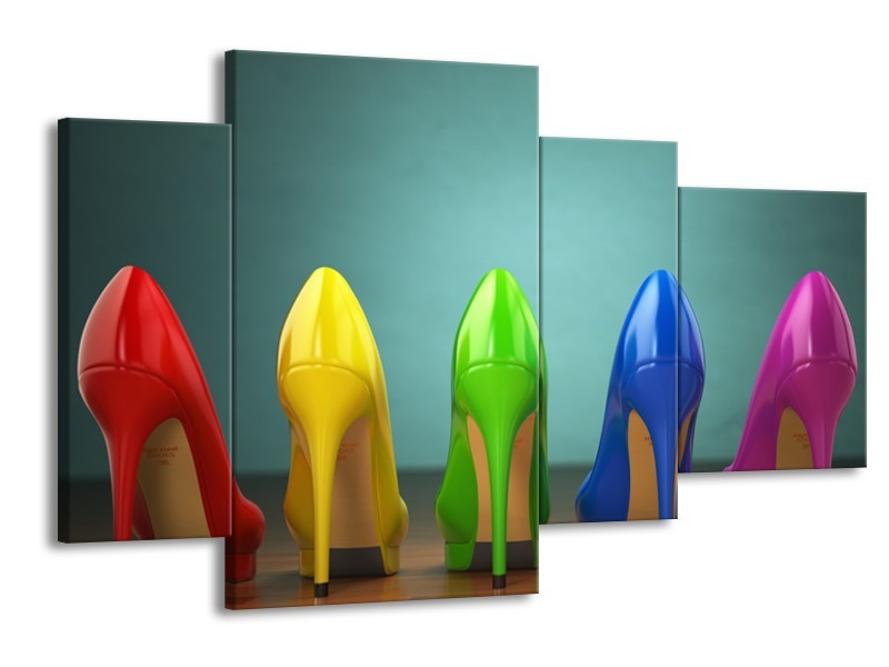 Glasschilderij Schoenen, Vrouw | Groen, Blauw, Rood | 120x75cm 4Luik