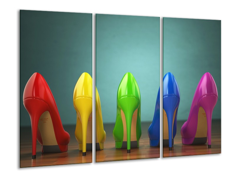 Glasschilderij Schoenen, Vrouw | Groen, Blauw, Rood | 120x80cm 3Luik