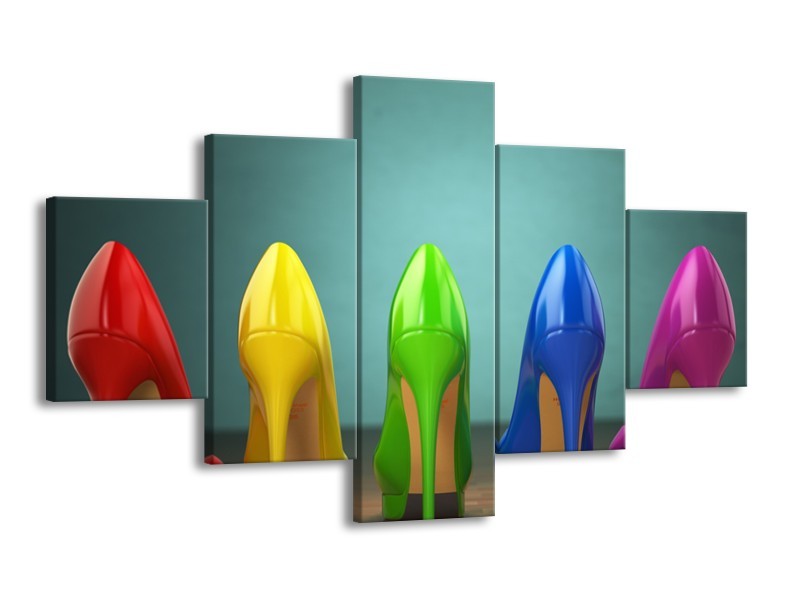 Canvas Schilderij Schoenen, Vrouw | Groen, Blauw, Rood | 125x70cm 5Luik