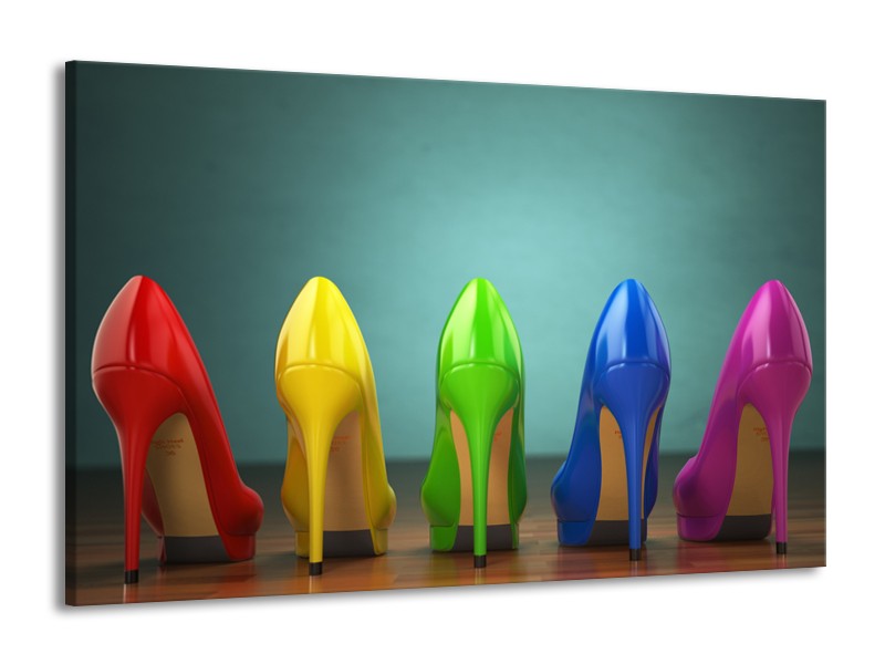 Glasschilderij Schoenen, Vrouw | Groen, Blauw, Rood | 140x90cm 1Luik