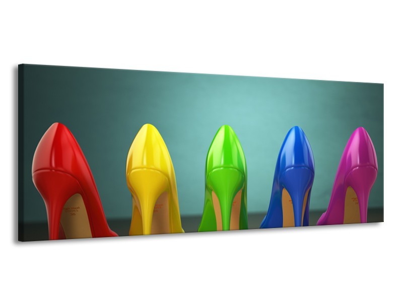 Glasschilderij Schoenen, Vrouw | Groen, Blauw, Rood | 145x58cm 1Luik