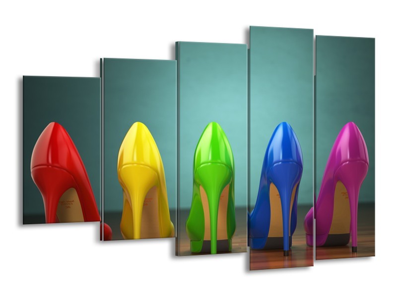 Glasschilderij Schoenen, Vrouw | Groen, Blauw, Rood | 150x100cm 5Luik