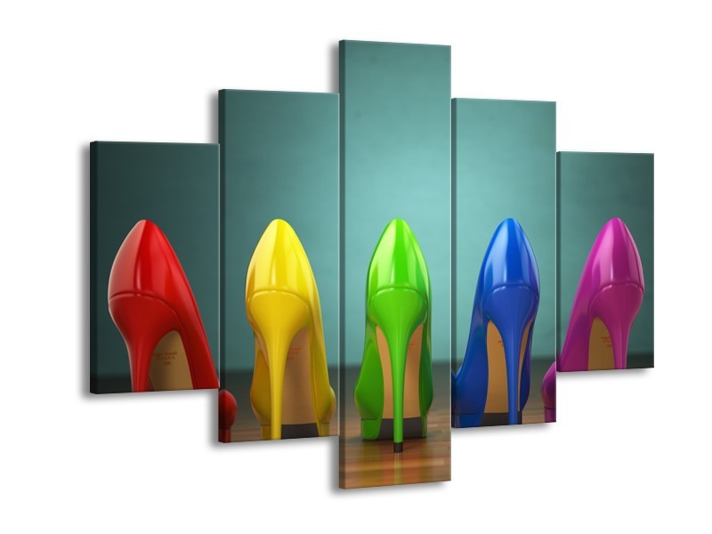 Glasschilderij Schoenen, Vrouw | Groen, Blauw, Rood | 150x105cm 5Luik