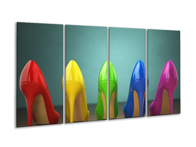 Glasschilderij Schoenen, Vrouw | Groen, Blauw, Rood | 160x80cm 4Luik
