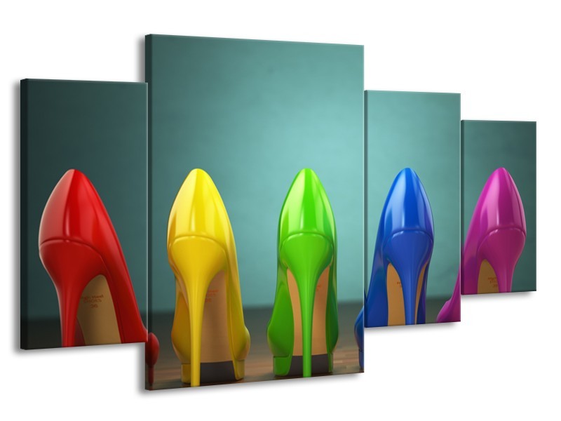 Glasschilderij Schoenen, Vrouw | Groen, Blauw, Rood | 160x90cm 4Luik