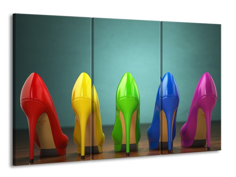 Canvas Schilderij Schoenen, Vrouw | Groen, Blauw, Rood | 165x100cm 3Luik