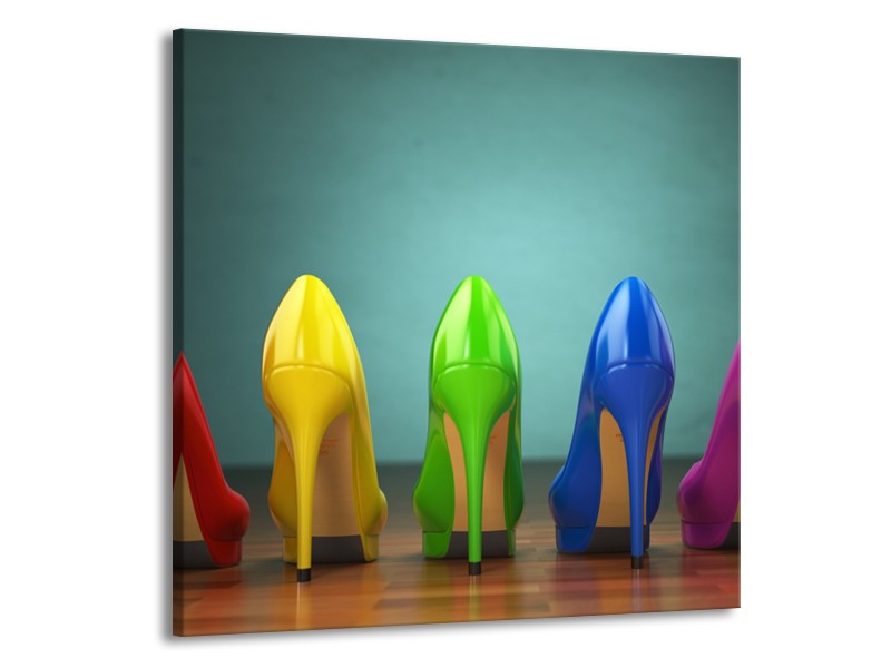 Glasschilderij Schoenen, Vrouw | Groen, Blauw, Rood | 50x50cm 1Luik