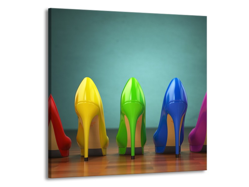 Glasschilderij Schoenen, Vrouw | Groen, Blauw, Rood | 70x70cm 1Luik