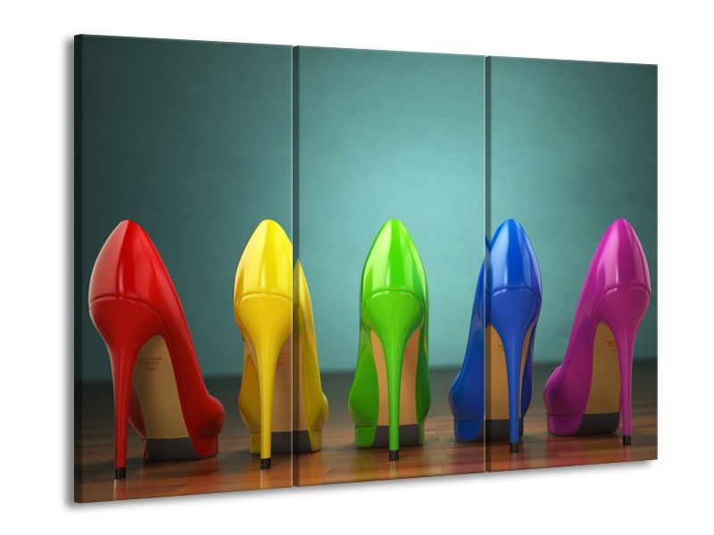 Glasschilderij Schoenen, Vrouw | Groen, Blauw, Rood | 60x90cm 3Luik