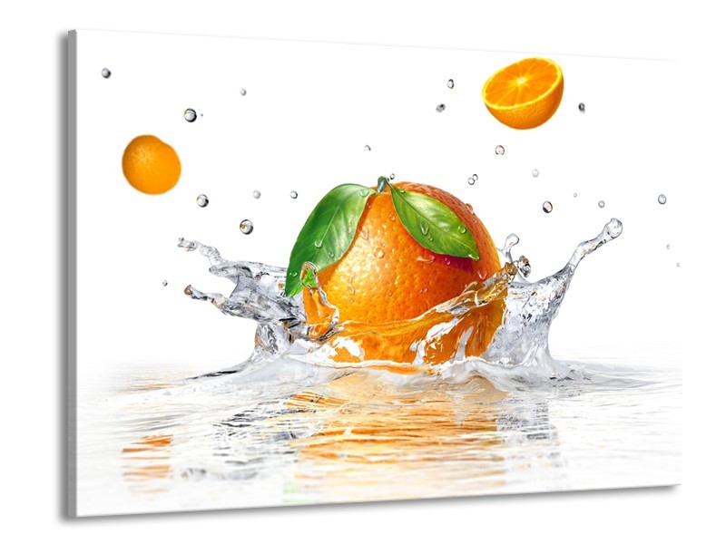 Glasschilderij Sinaasappel, Keuken | Wit, Oranje, Groen | 100x70cm 1Luik