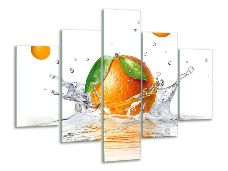 Glasschilderij Sinaasappel, Keuken | Wit, Oranje, Groen | 100x70cm 5Luik