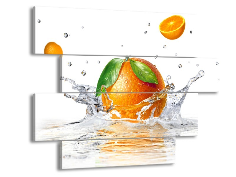 Glasschilderij Sinaasappel, Keuken | Wit, Oranje, Groen | 115x85cm 4Luik