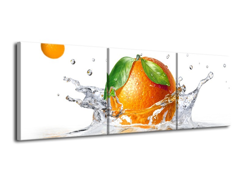 Glasschilderij Sinaasappel, Keuken | Wit, Oranje, Groen | 120x40cm 3Luik