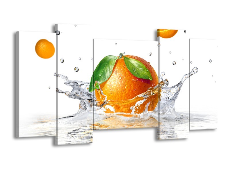 Glasschilderij Sinaasappel, Keuken | Wit, Oranje, Groen | 120x65cm 5Luik