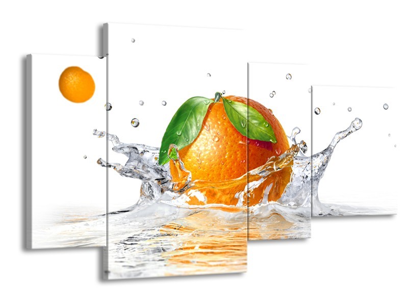 Canvas Schilderij Sinaasappel, Keuken | Wit, Oranje, Groen | 120x75cm 4Luik