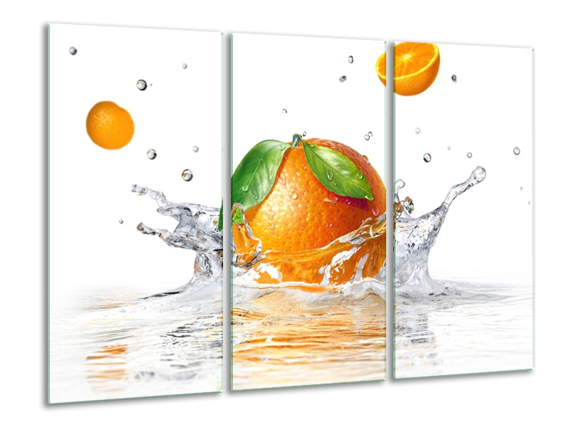 Canvas Schilderij Sinaasappel, Keuken | Wit, Oranje, Groen | 120x80cm 3Luik