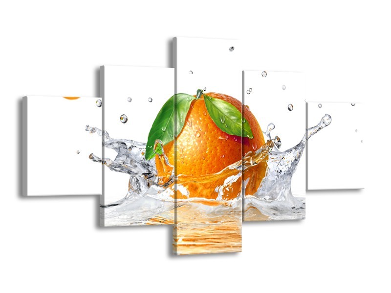Canvas Schilderij Sinaasappel, Keuken | Wit, Oranje, Groen | 125x70cm 5Luik