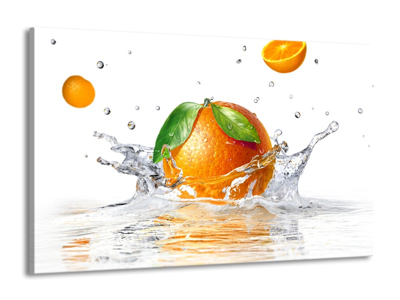 Canvas Schilderij Sinaasappel, Keuken | Wit, Oranje, Groen | 140x90cm 1Luik