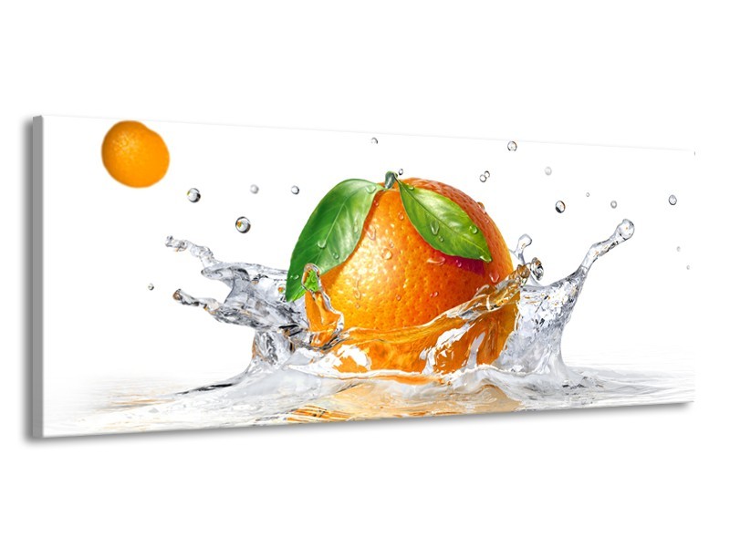 Glasschilderij Sinaasappel, Keuken | Wit, Oranje, Groen | 145x58cm 1Luik