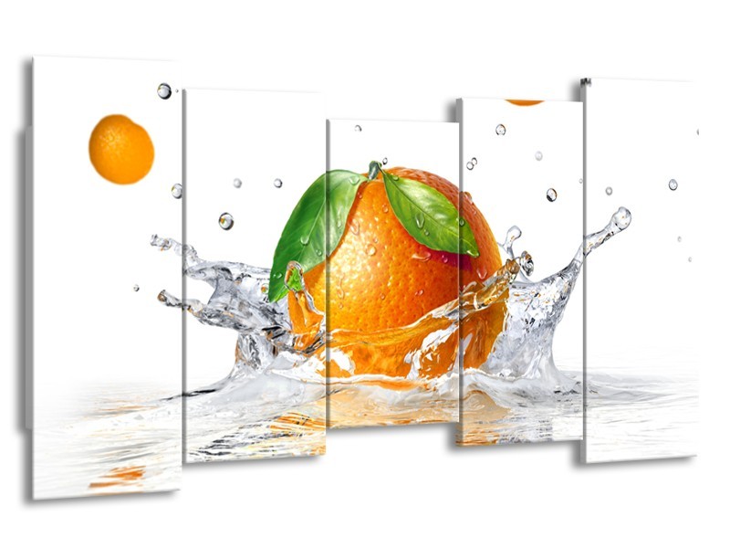 Canvas Schilderij Sinaasappel, Keuken | Wit, Oranje, Groen | 150x80cm 5Luik