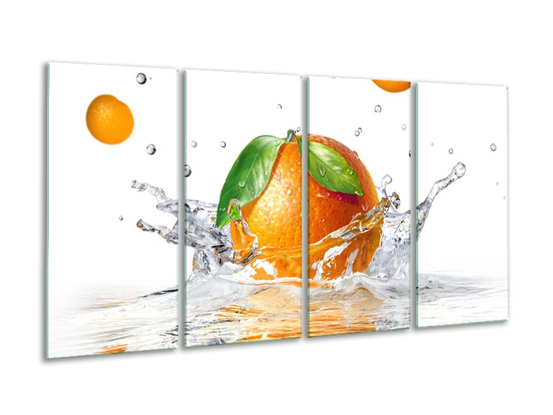 Canvas Schilderij Sinaasappel, Keuken | Wit, Oranje, Groen | 160x80cm 4Luik