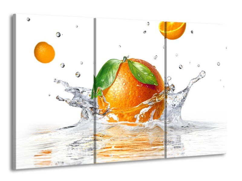 Canvas Schilderij Sinaasappel, Keuken | Wit, Oranje, Groen | 165x100cm 3Luik