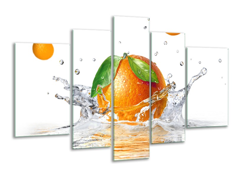 Glasschilderij Sinaasappel, Keuken | Wit, Oranje, Groen | 170x100cm 5Luik