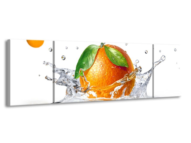 Canvas Schilderij Sinaasappel, Keuken | Wit, Oranje, Groen | 170x50cm 3Luik