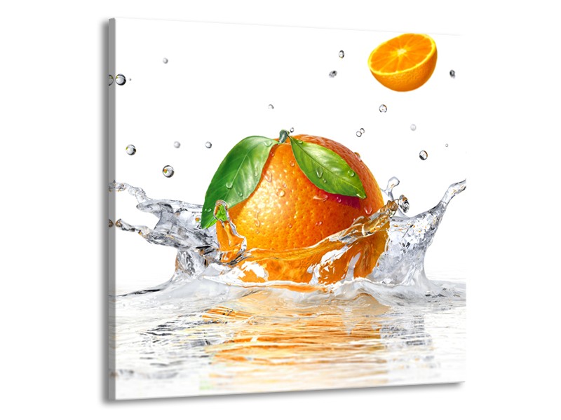 Glasschilderij Sinaasappel, Keuken | Wit, Oranje, Groen | 50x50cm 1Luik