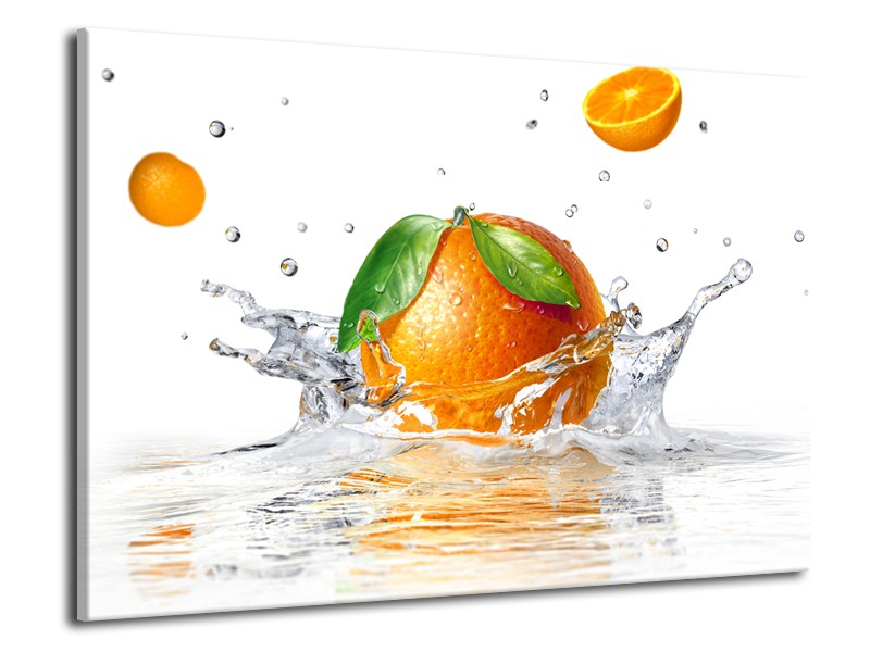 Glasschilderij Sinaasappel, Keuken | Wit, Oranje, Groen | 70x50cm 1Luik