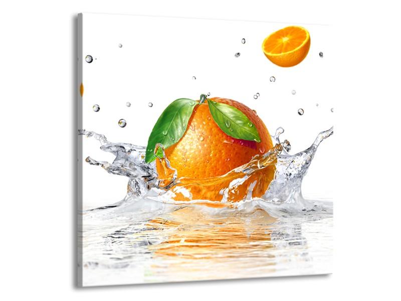 Glasschilderij Sinaasappel, Keuken | Wit, Oranje, Groen | 70x70cm 1Luik