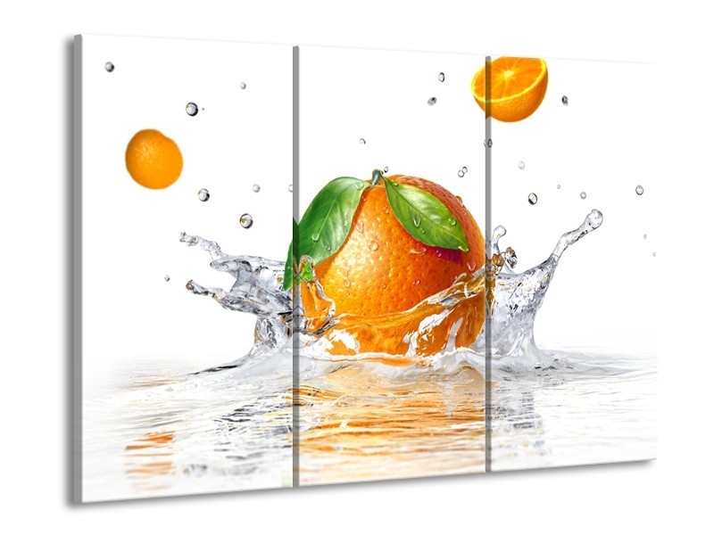 Canvas Schilderij Sinaasappel, Keuken | Wit, Oranje, Groen | 60x90cm 3Luik