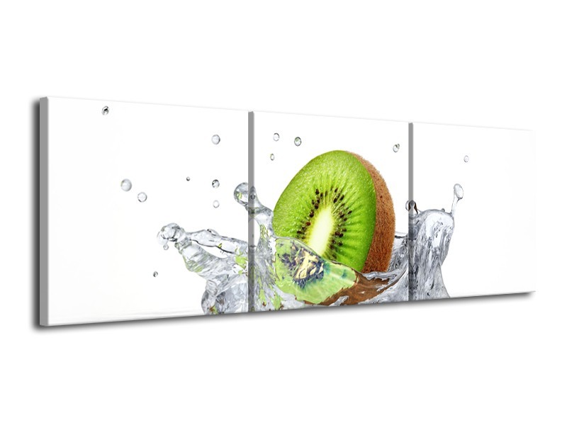 Canvas Schilderij Kiwi, Keuken | Wit, Groen, Bruin | 120x40cm 3Luik