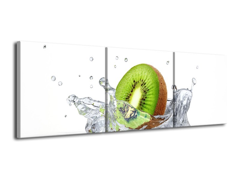 Canvas Schilderij Kiwi, Keuken | Wit, Groen, Bruin | 120x40cm 3Luik