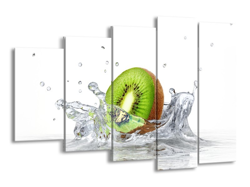 Canvas Schilderij Kiwi, Keuken | Wit, Groen, Bruin | 150x100cm 5Luik