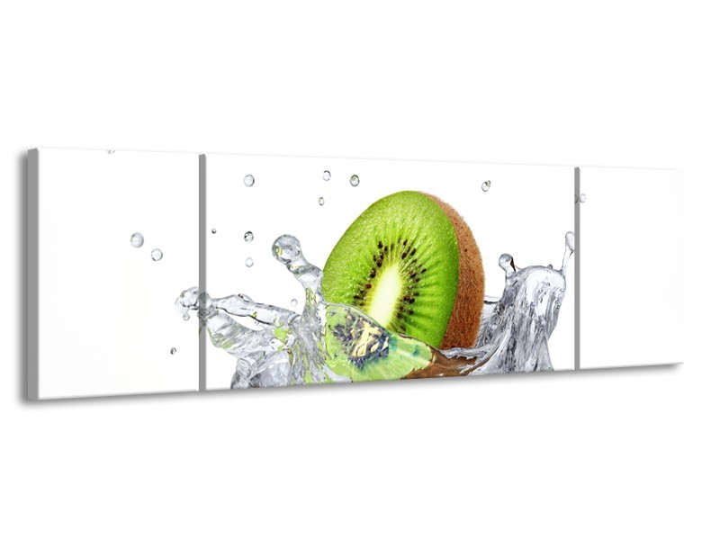 Canvas Schilderij Kiwi, Keuken | Wit, Groen, Bruin | 170x50cm 3Luik