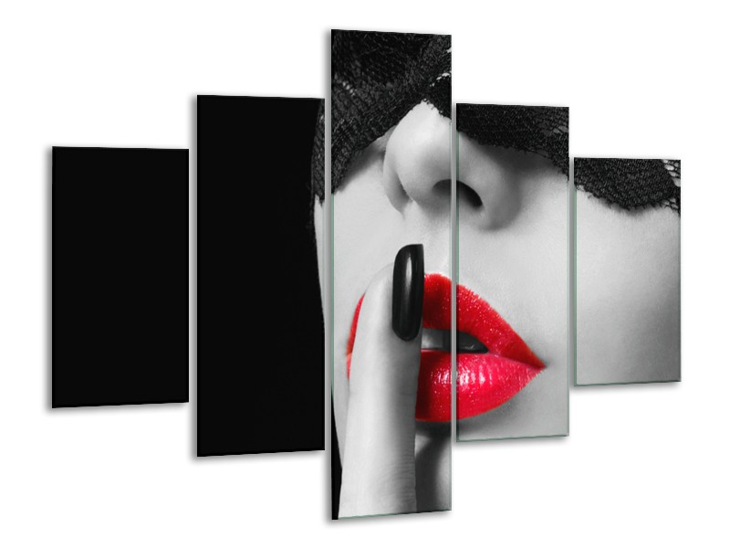 Glasschilderij Vrouw, Lippen | Zwart, Grijs, Rood | 100x70cm 5Luik