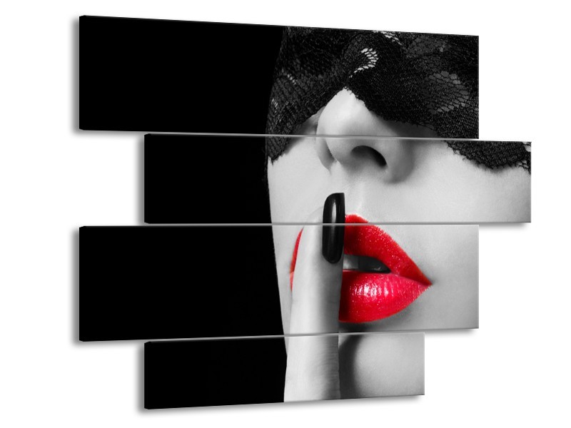 Glasschilderij Vrouw, Lippen | Zwart, Grijs, Rood | 115x85cm 4Luik
