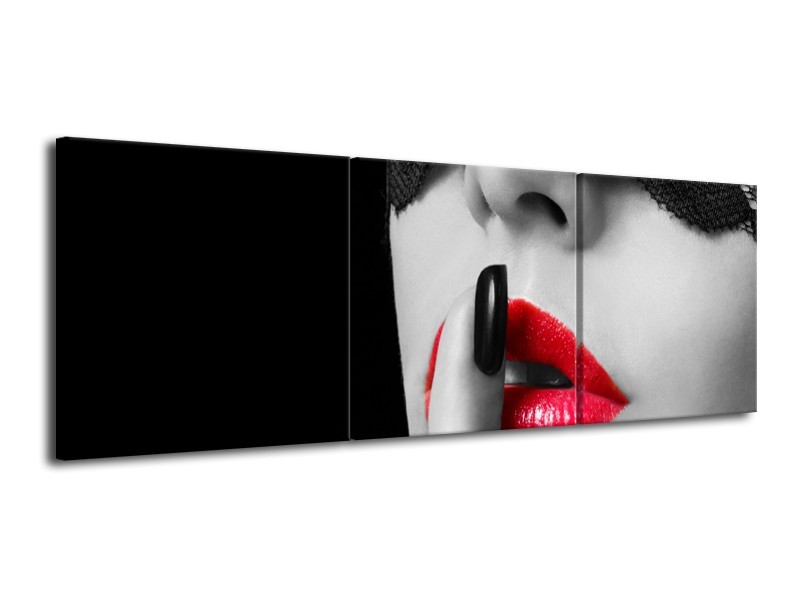 Canvas Schilderij Vrouw, Lippen | Zwart, Grijs, Rood | 120x40cm 3Luik