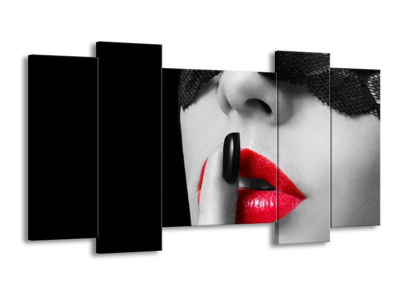 Canvas Schilderij Vrouw, Lippen | Zwart, Grijs, Rood | 120x65cm 5Luik