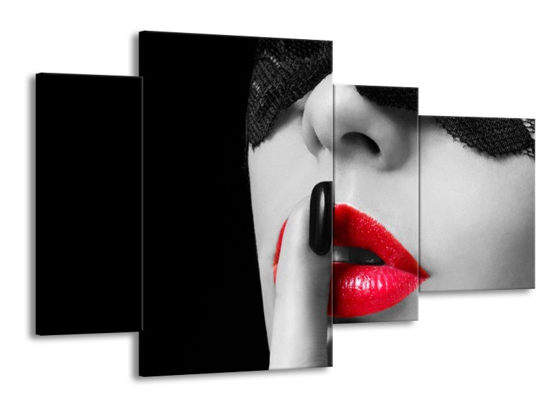Canvas Schilderij Vrouw, Lippen | Zwart, Grijs, Rood | 120x75cm 4Luik