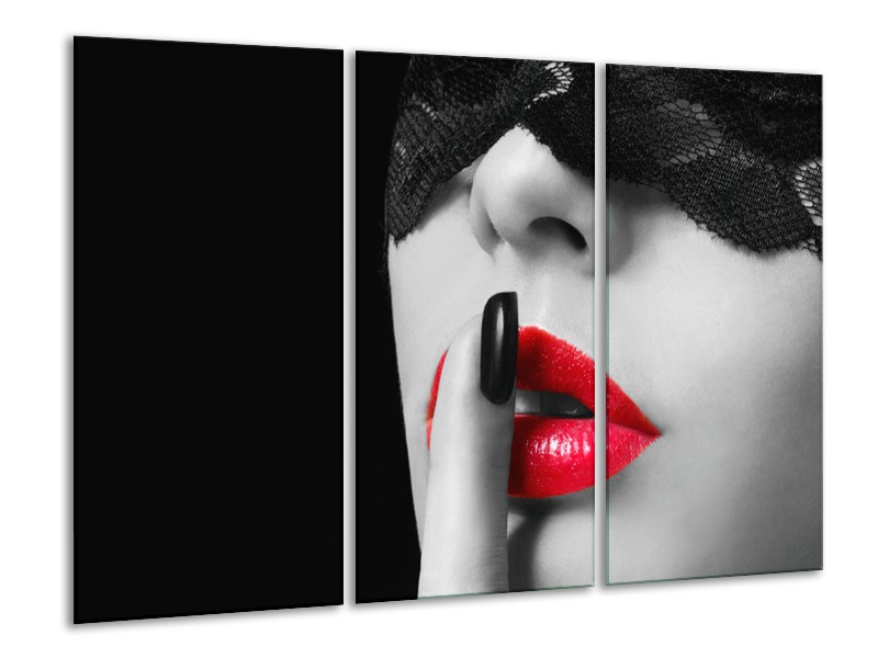 Glasschilderij Vrouw, Lippen | Zwart, Grijs, Rood | 120x80cm 3Luik