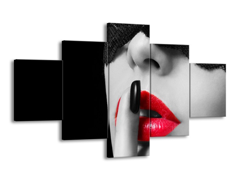 Canvas Schilderij Vrouw, Lippen | Zwart, Grijs, Rood | 125x70cm 5Luik