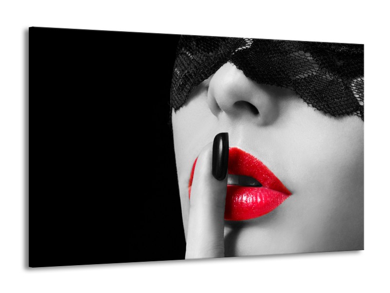 Canvas Schilderij Vrouw, Lippen | Zwart, Grijs, Rood | 140x90cm 1Luik