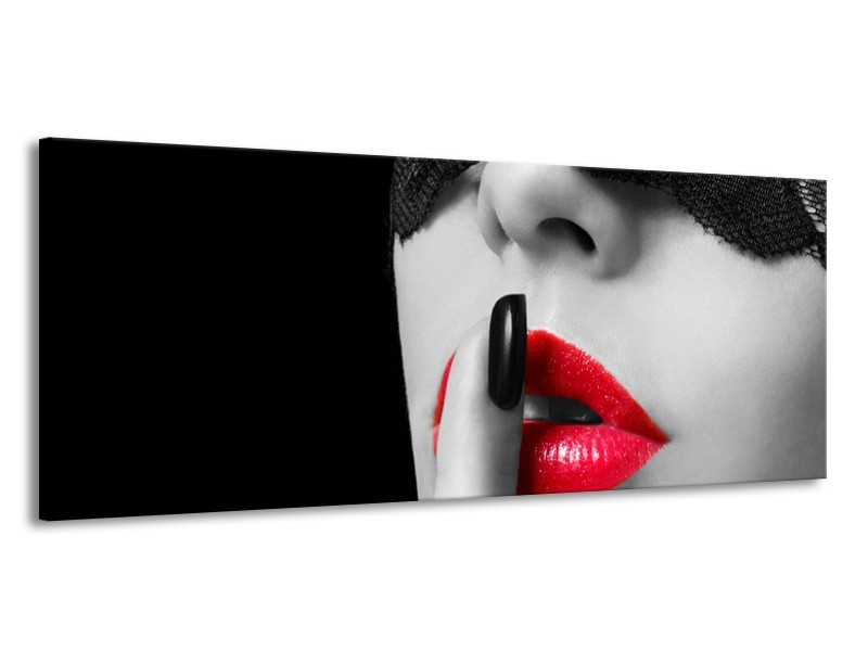 Glasschilderij Vrouw, Lippen | Zwart, Grijs, Rood | 145x58cm 1Luik