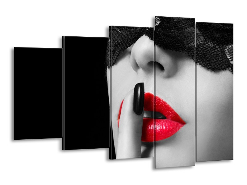 Canvas Schilderij Vrouw, Lippen | Zwart, Grijs, Rood | 150x100cm 5Luik