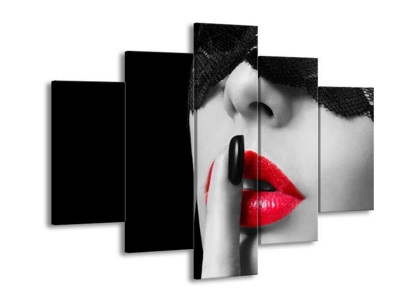 Canvas Schilderij Vrouw, Lippen | Zwart, Grijs, Rood | 150x105cm 5Luik